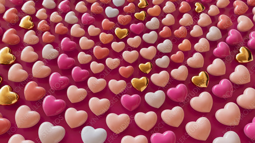 Pink, Peach and Gold 3D Hearts arranged in the Shape of a Spiral. Contemporary Valentine's Day Wallpaper. 3D Render.