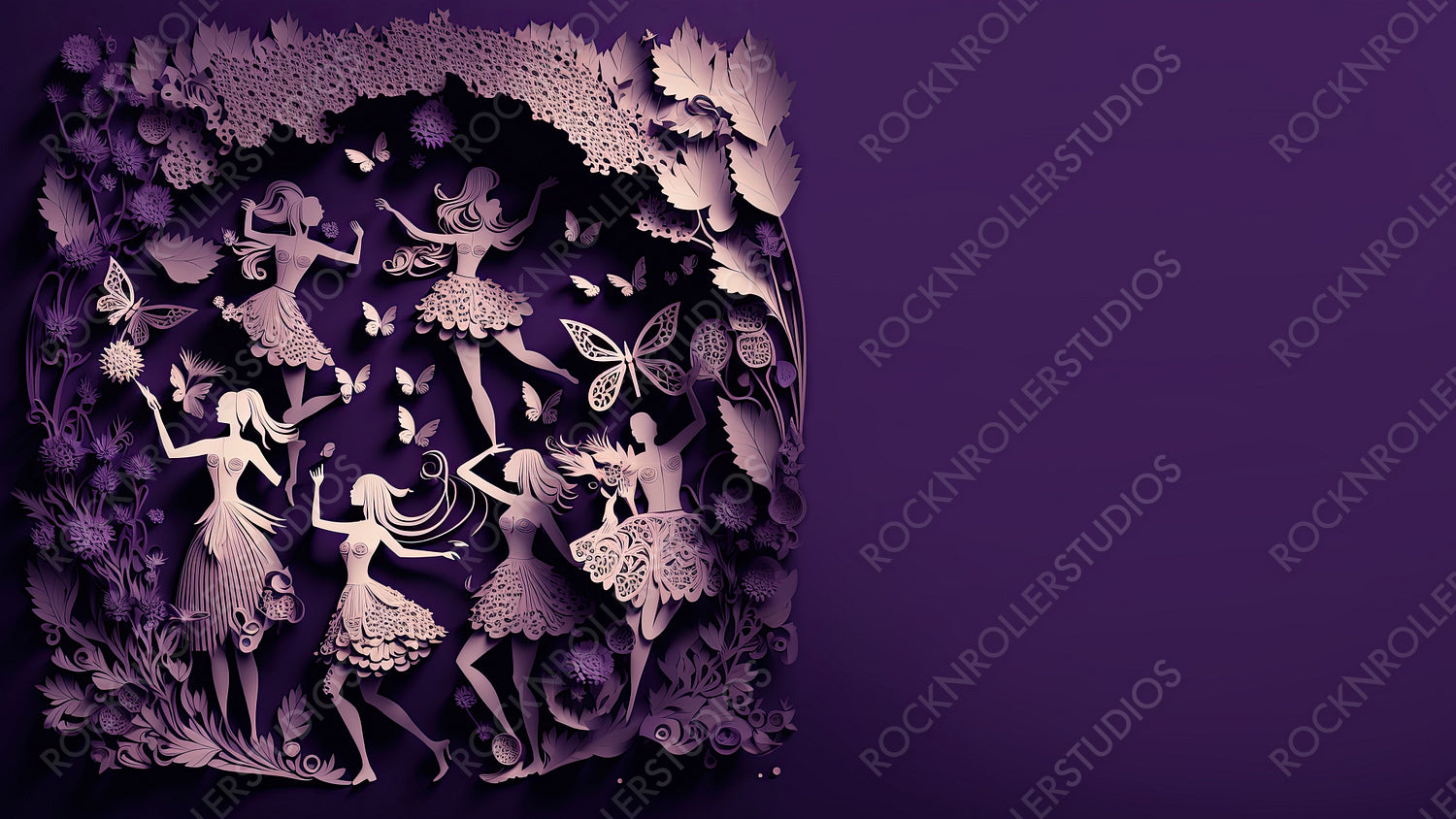Dancing Ladies in a Purple Floral Design. Elegant Paper Cut Wallpaper with Butterflies and copy-space, to Celebrate International Woman's Day. Generative AI