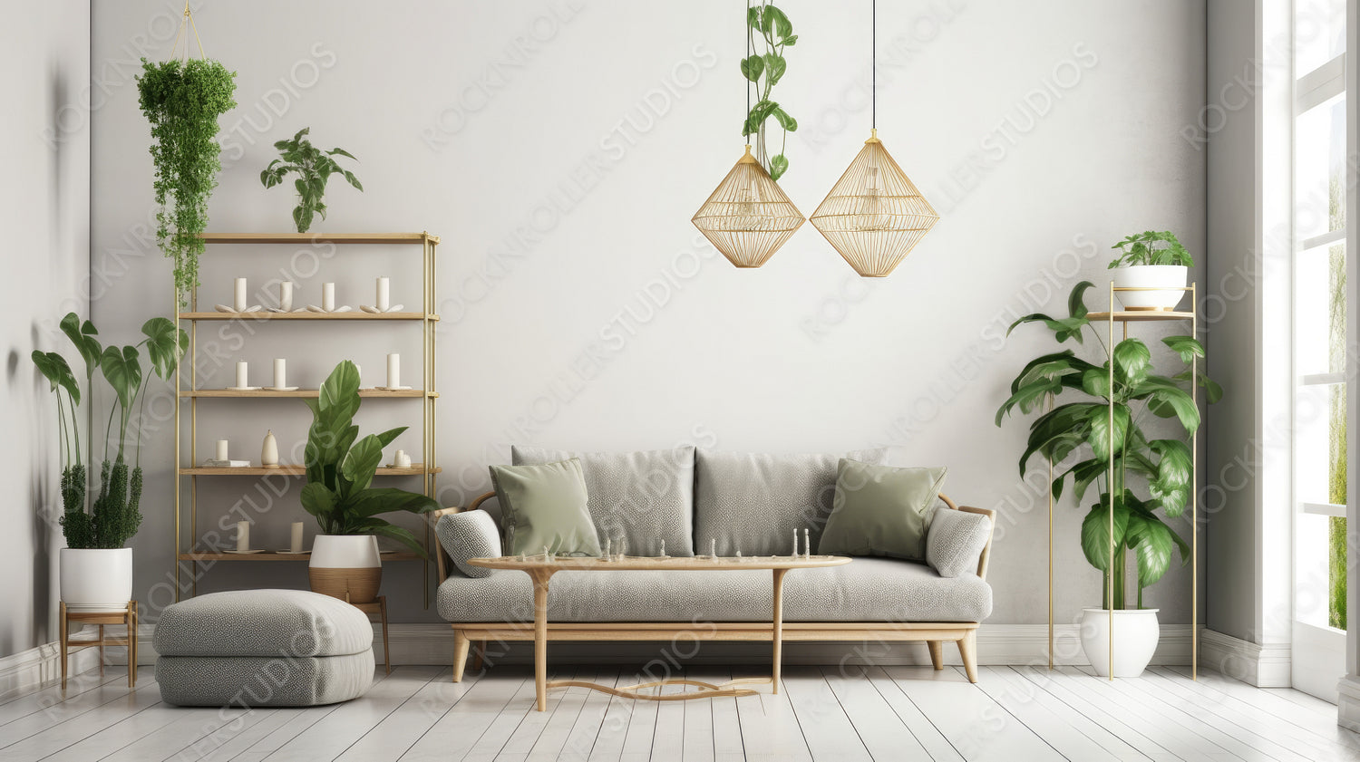 Urban Jungle Interior Design Background. Contemporary livingroom. Generative AI.