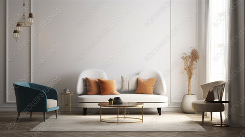 Scandinavian Living Room. Stylish Interior Design Background. Generative AI.