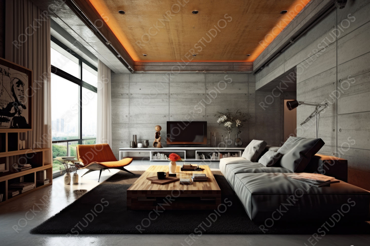 Industrial Living Room Background. Contemporary Interior Design. Generative AI.