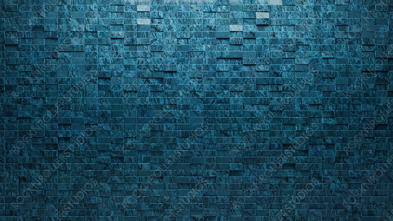 Blue Patina Tiles arranged to create a Textured wall. Rectangular, 3D Background formed from Glazed blocks. 3D Render