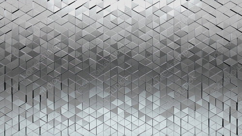 Silver, Polished Wall background with tiles. Triangular, tile Wallpaper with Luxurious, 3D blocks. 3D Render