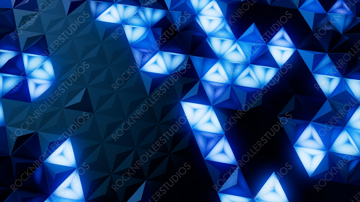 Illuminated, Blue Polygonal Surface with Triangular Pyramids. Modern, Neon 3d Texture.
