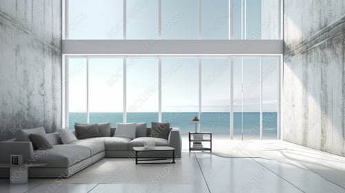 Sea View Living Room. Stylish Interior Design Background. Generative AI.