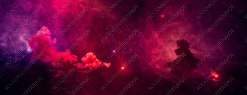 Outer Space Banner. Contemporary Nebula Panorama with Pink and Purple Colors.