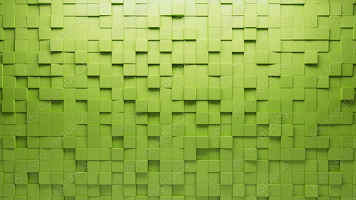 3D Tiles arranged to create a Futuristic wall. Semigloss, Green Background formed from Square blocks. 3D Render