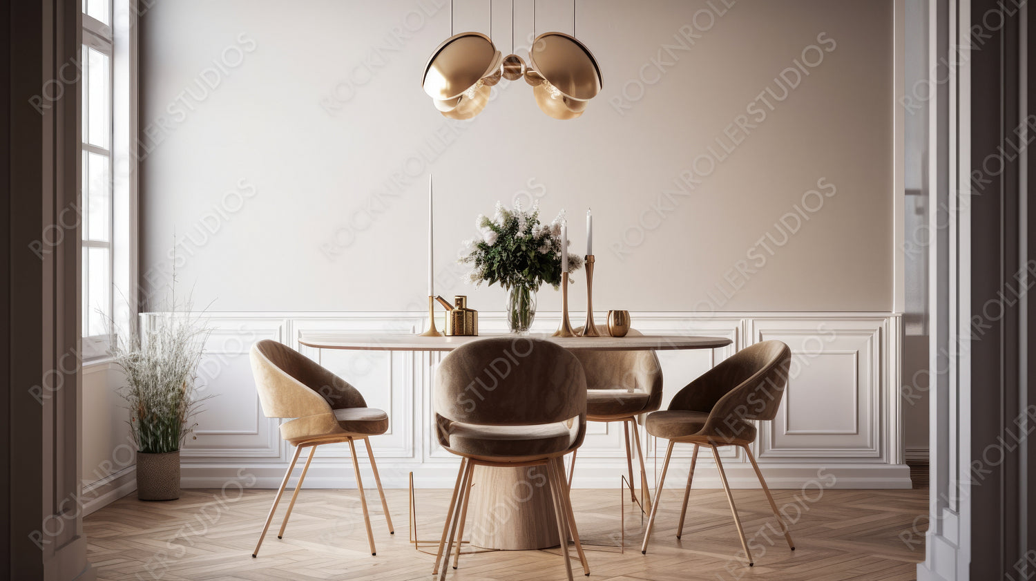 Stylish Interior Design Background. Modern Dining room. Generative AI.