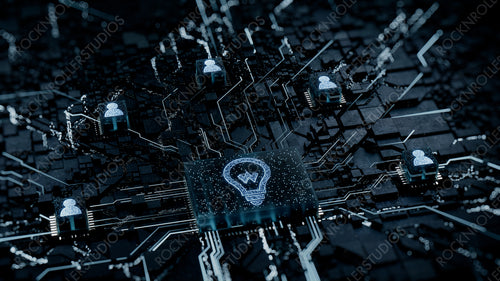 Innovation Technology Concept with lightbulb symbol on a Microchip. White Neon Data flows between Users and the CPU across a Futuristic Motherboard. 3D render.