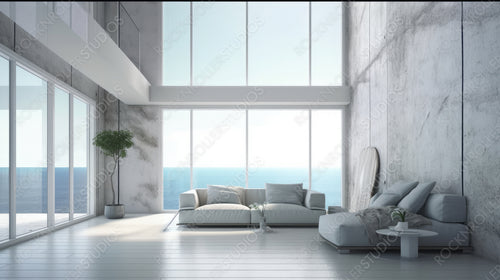 Stylish Living Room. Sea View Interior Design Background. Generative AI.