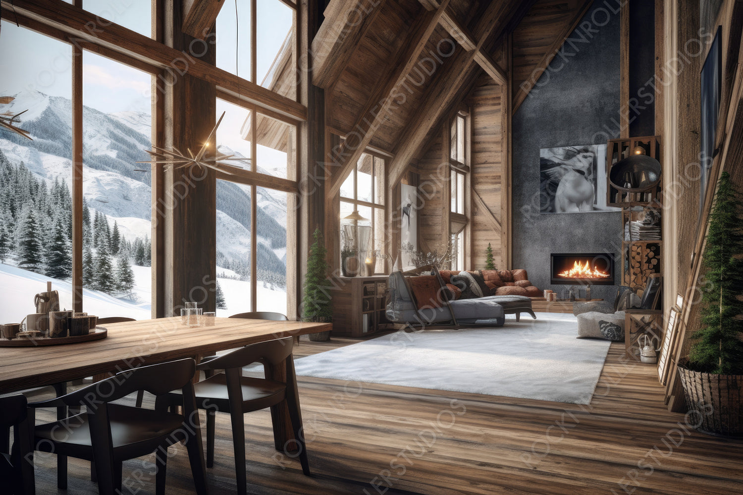 Cozy Ski Chalet Background. Contemporary Interior Design. Generative AI.