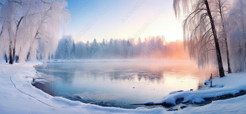 Frozen ice lake in winter in a park in the forest in sunny weather a panoramic view with a blue sky. Wallpaper beautiful fairy winter nature at a pink dawn.