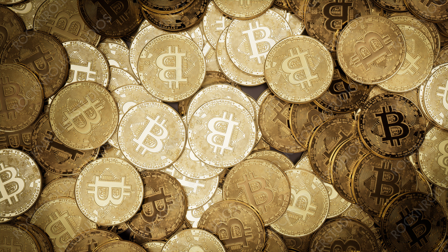 Bitcoin Cryptocurrency represented as Gold Coins. Future Money Background. 3D Render.