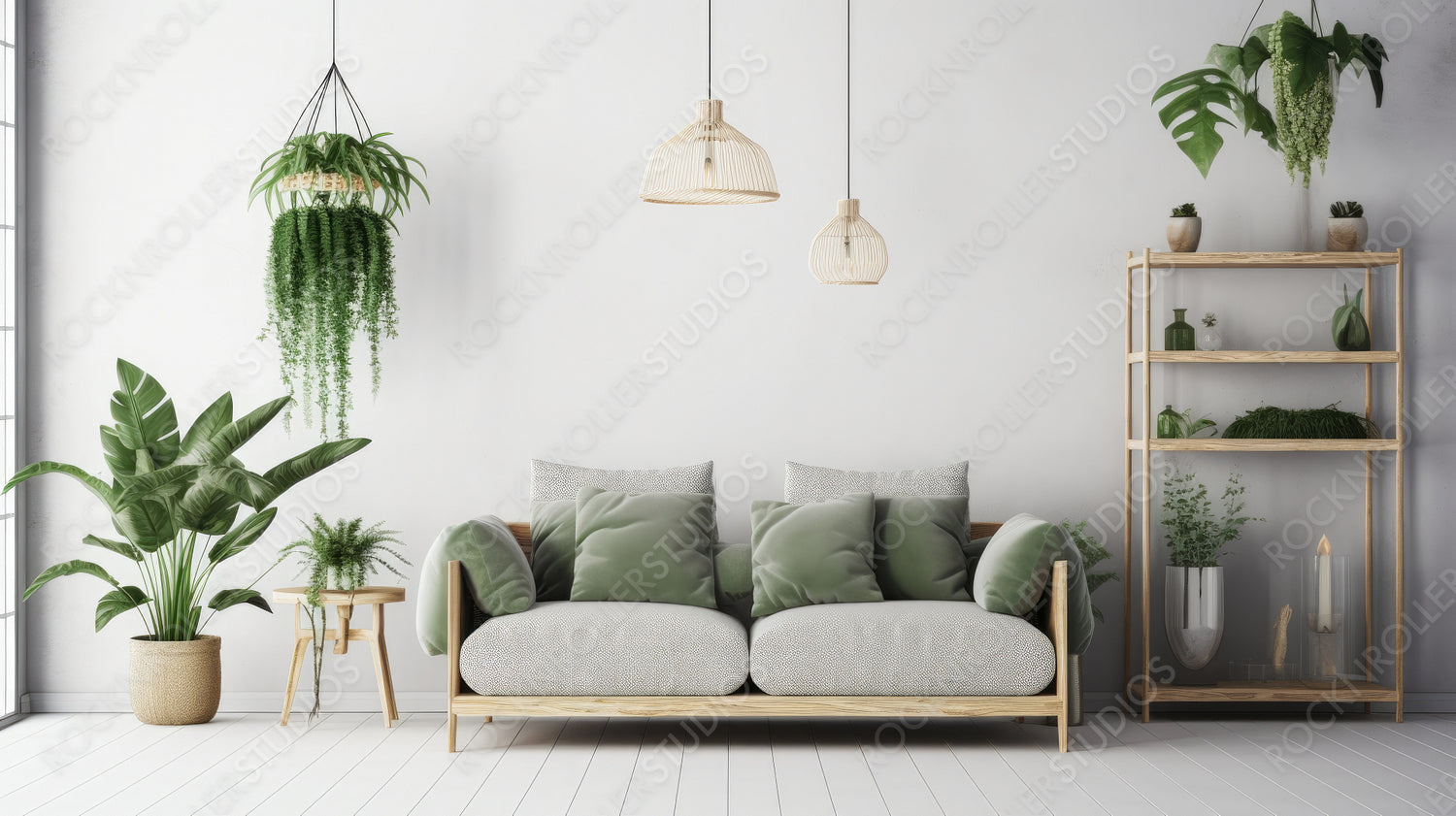 Urban Jungle livingroom. Contemporary Interior Design Background. Generative AI.