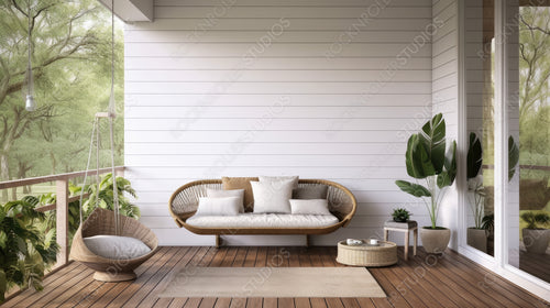 Stylish Interior Design Background. Modern Terrace. Generative AI.