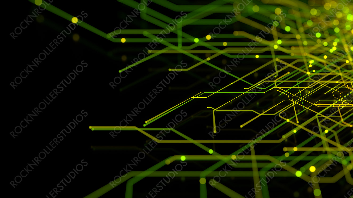 Futuristic Neon Lines form a Technical Grid. Green and Yellow Connectivity Concept.