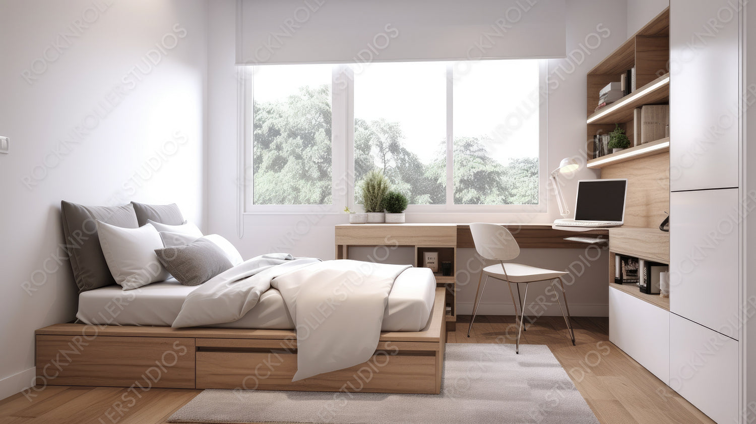 Modern Bedroom. Stylish Interior Design Background. Generative AI.