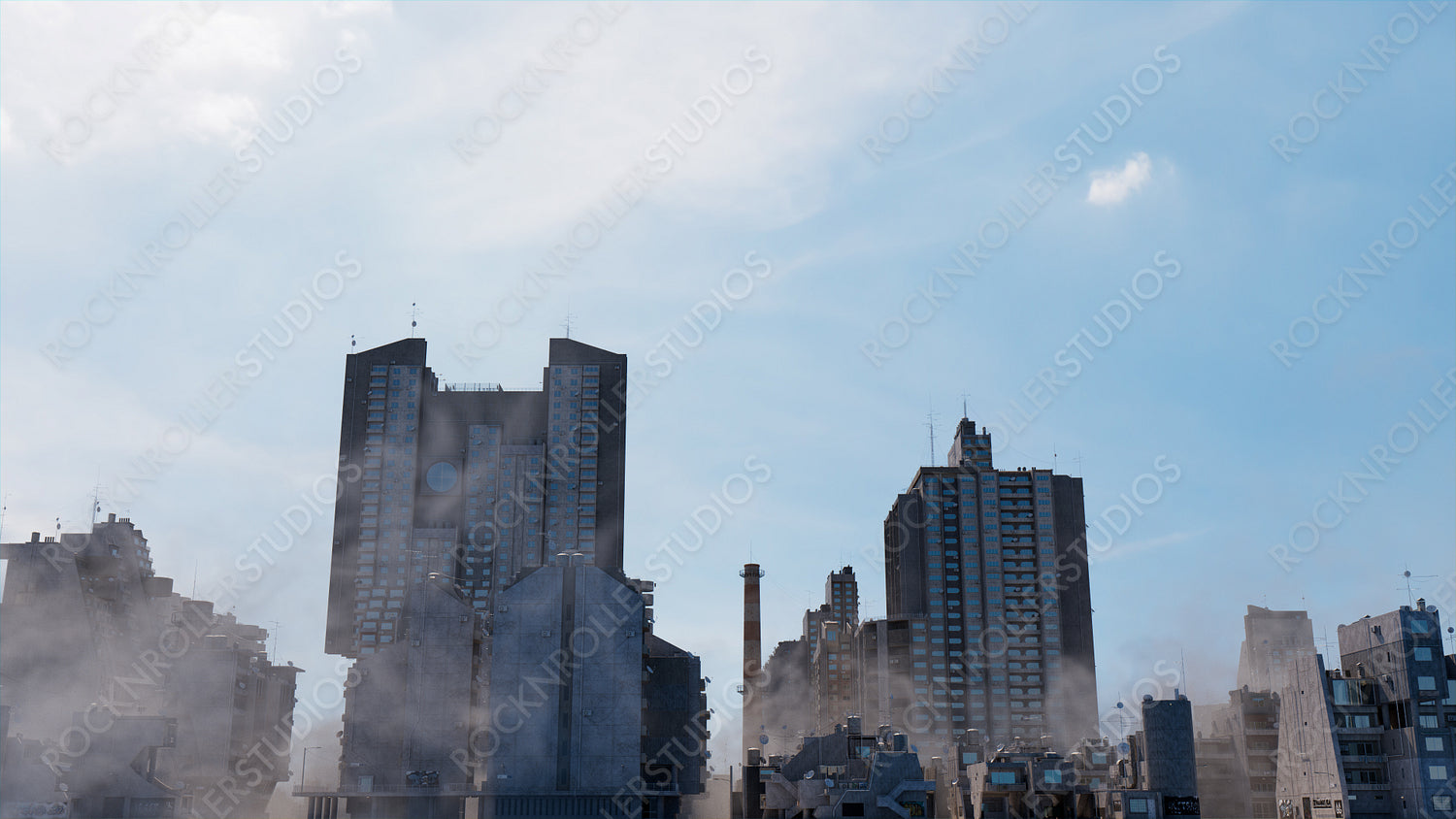 Concrete Metropolis. Soviet Brutalist Architecture against a Hazy Afternoon Sky.