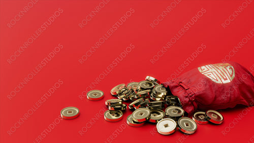 Red Chinese Purse with gold coins. Prosperity and wealth concept for Chinese New Year.