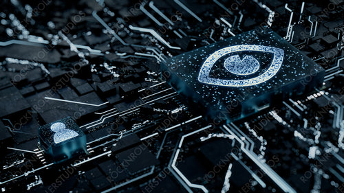 Vision Technology Concept with eye symbol on a Microchip. White Neon Data flows between the CPU and the User across a Futuristic Motherboard. 3D render.