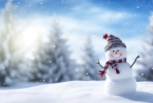 Merry Christmas and Happy New Year Greeting Card with Copy-Space. Happy Snowman Standing in Christmas Landscape. Snow Background. Winter Fairytale.