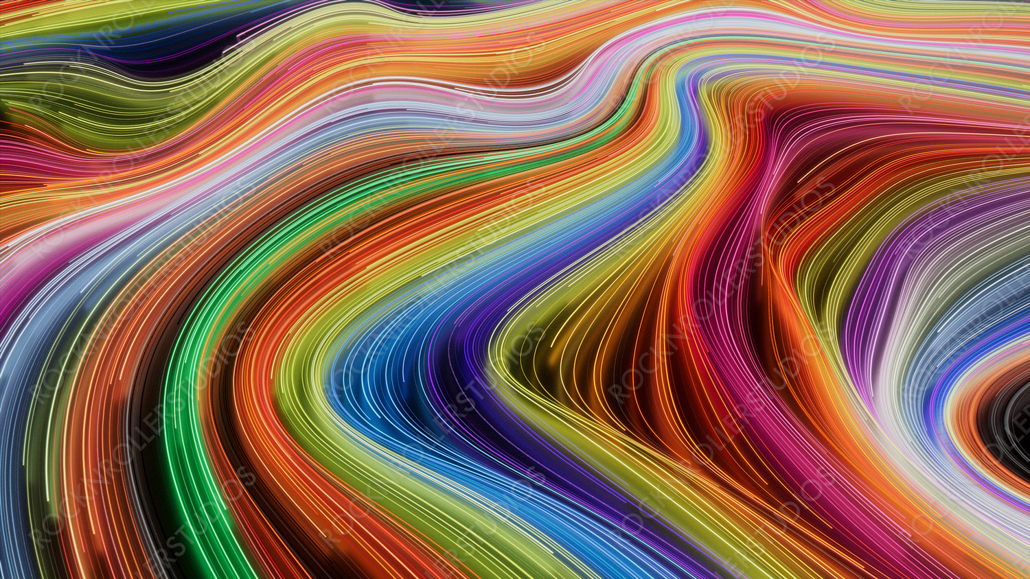 Wavy Swoosh Background with Orange, Pink and Green Stripes. 3D Render.
