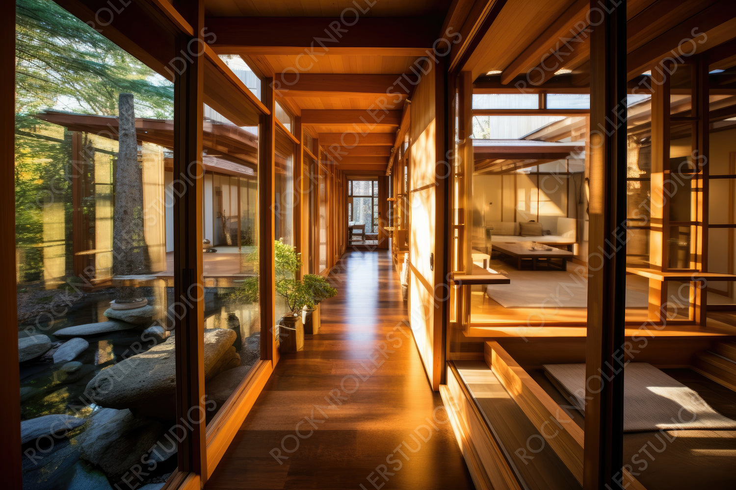 Japanese Zen House Background. Contemporary Interior Design. Generative AI.