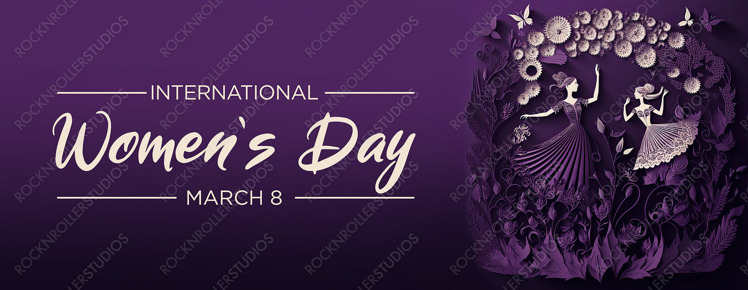 Purple Floral Banner to Celebrate International Woman's Day. Elegant Paper Craft Design with Dancing Women, Flowers and Caption. Generative AI