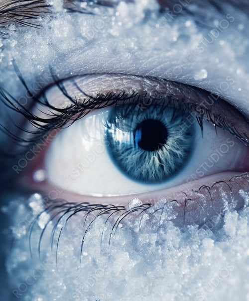 Open expressive blue eye with frost or snow on eyelashes macro close-up in winter. Bright sensual expressive artistic image.