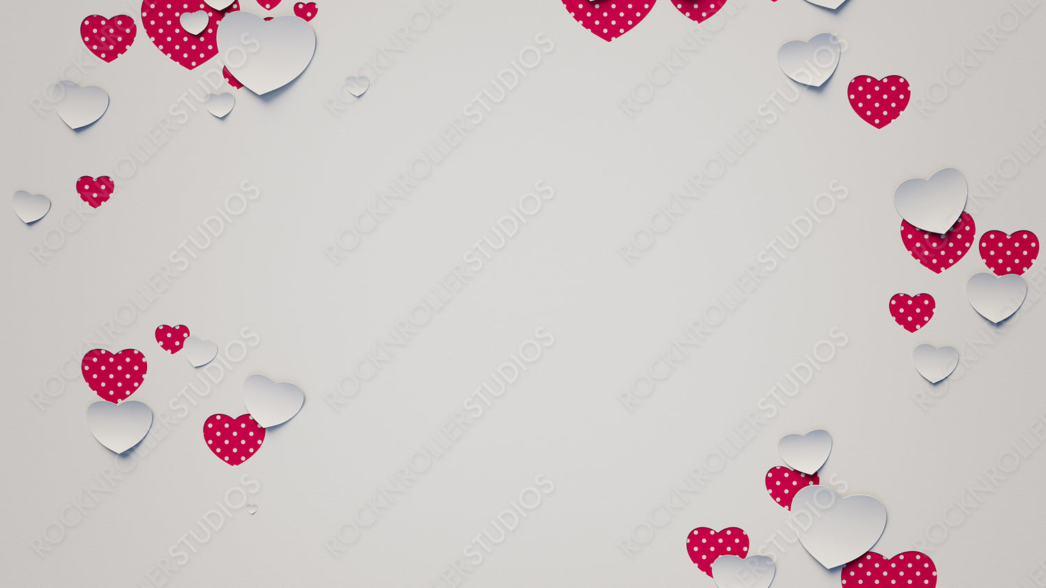 Paper Heart background with copy space. White and Red polka dot Valentine Wallpaper with cut-out love hearts. 