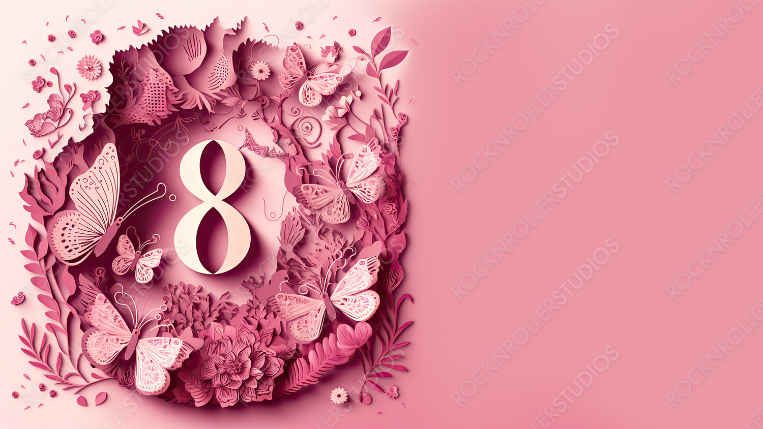 Paper Cut Design to Celebrate International Woman's Day. Elegant Pink Floral Background with Number 8, Butterflies and copy-space. Generative AI.