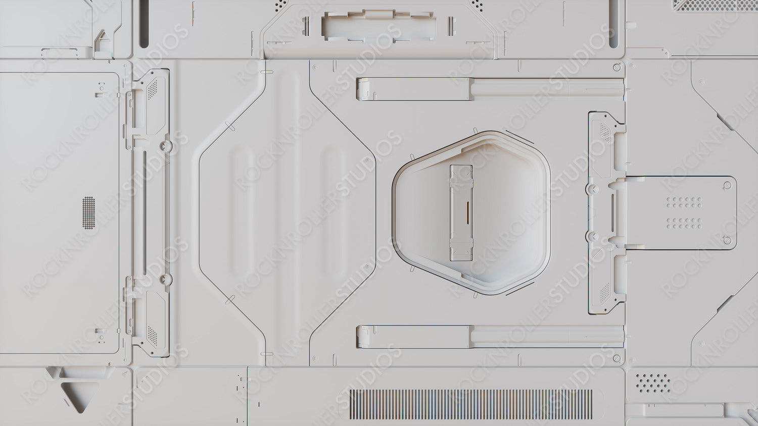 Technology Wallpaper with Innovative, White Science Fiction Hardware. 3D Render.