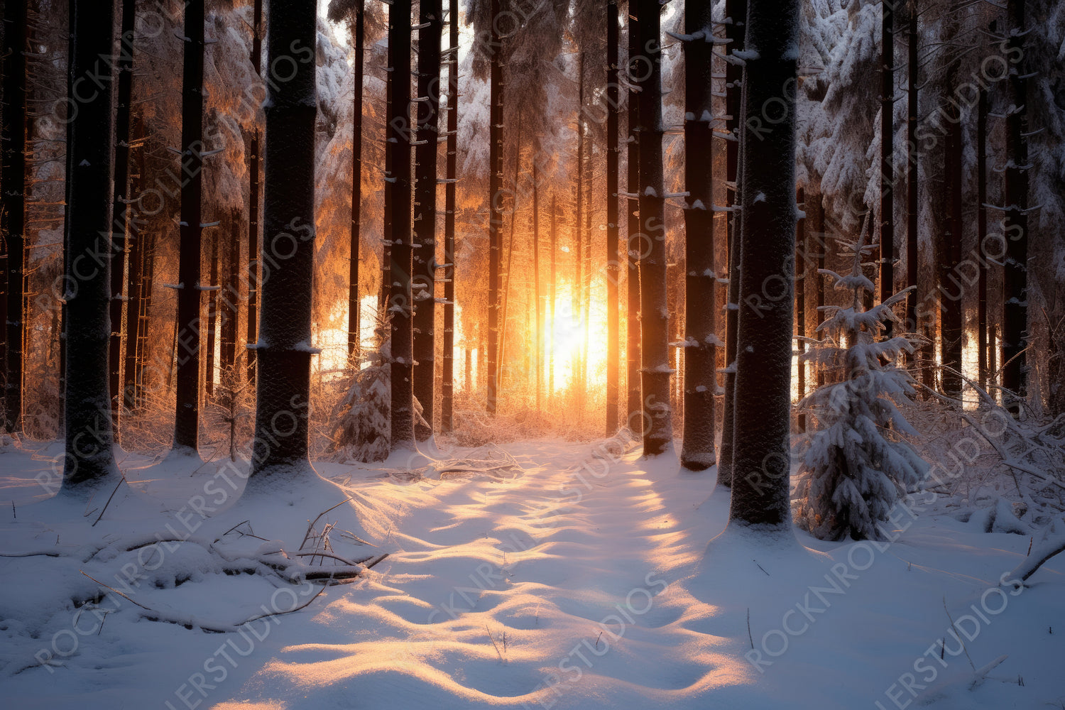Sunset in The Wood in Winter Period