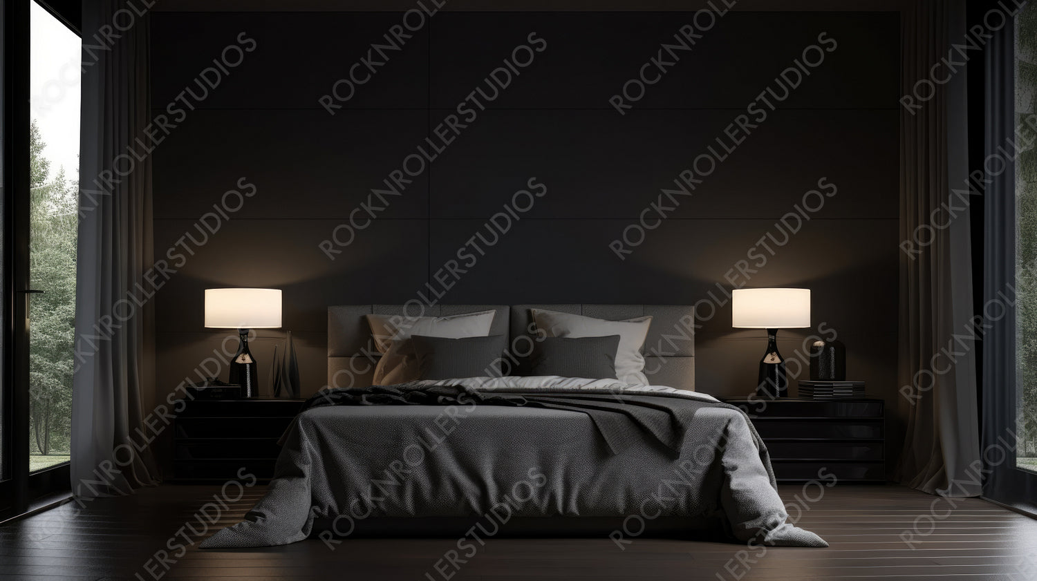 Minimal Bedroom. Stylish Interior Design Background. Generative AI.