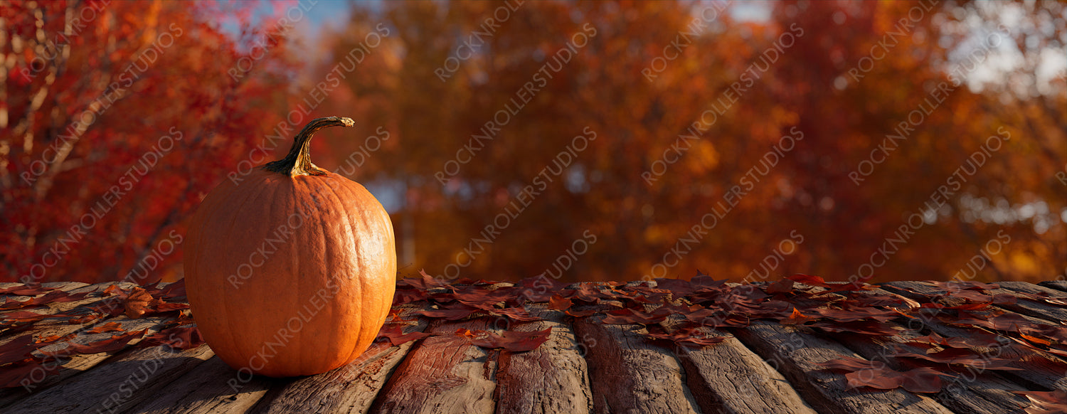 Autumn Banner with Leaves and Pumpkin. Seasonal Tabletop with copy-space.