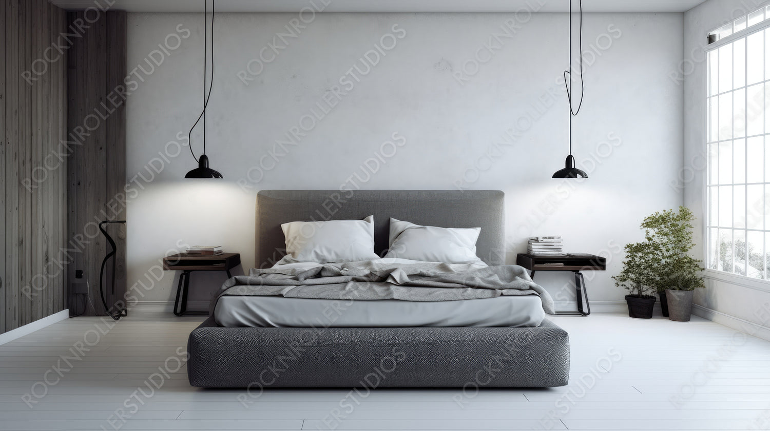 Stylish Bedroom. Minimal Interior Design Background. Generative AI.