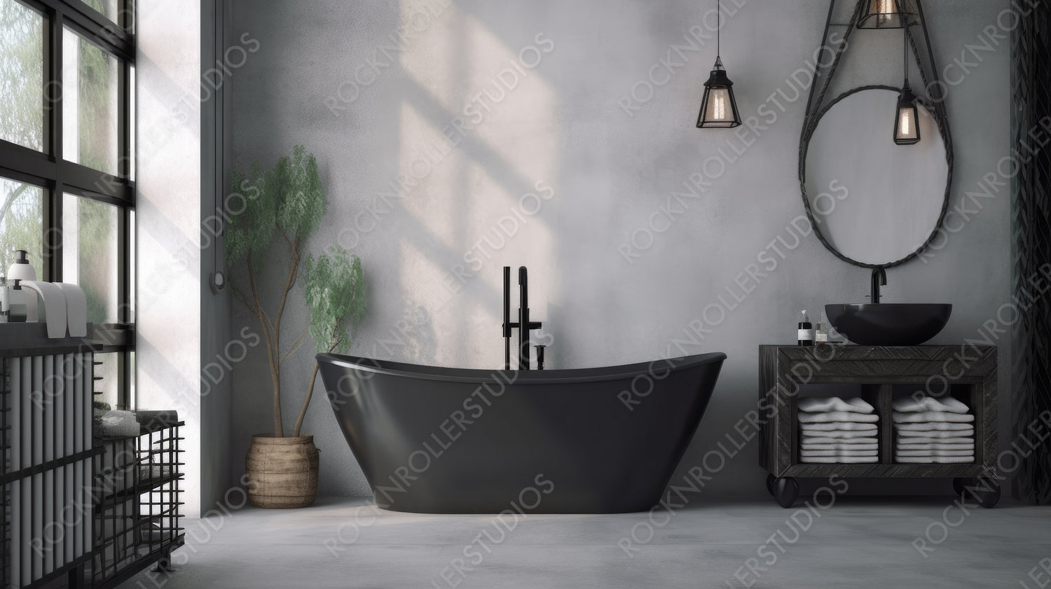 Industrial Interior Design Background. Stylish Bathroom. Generative AI.