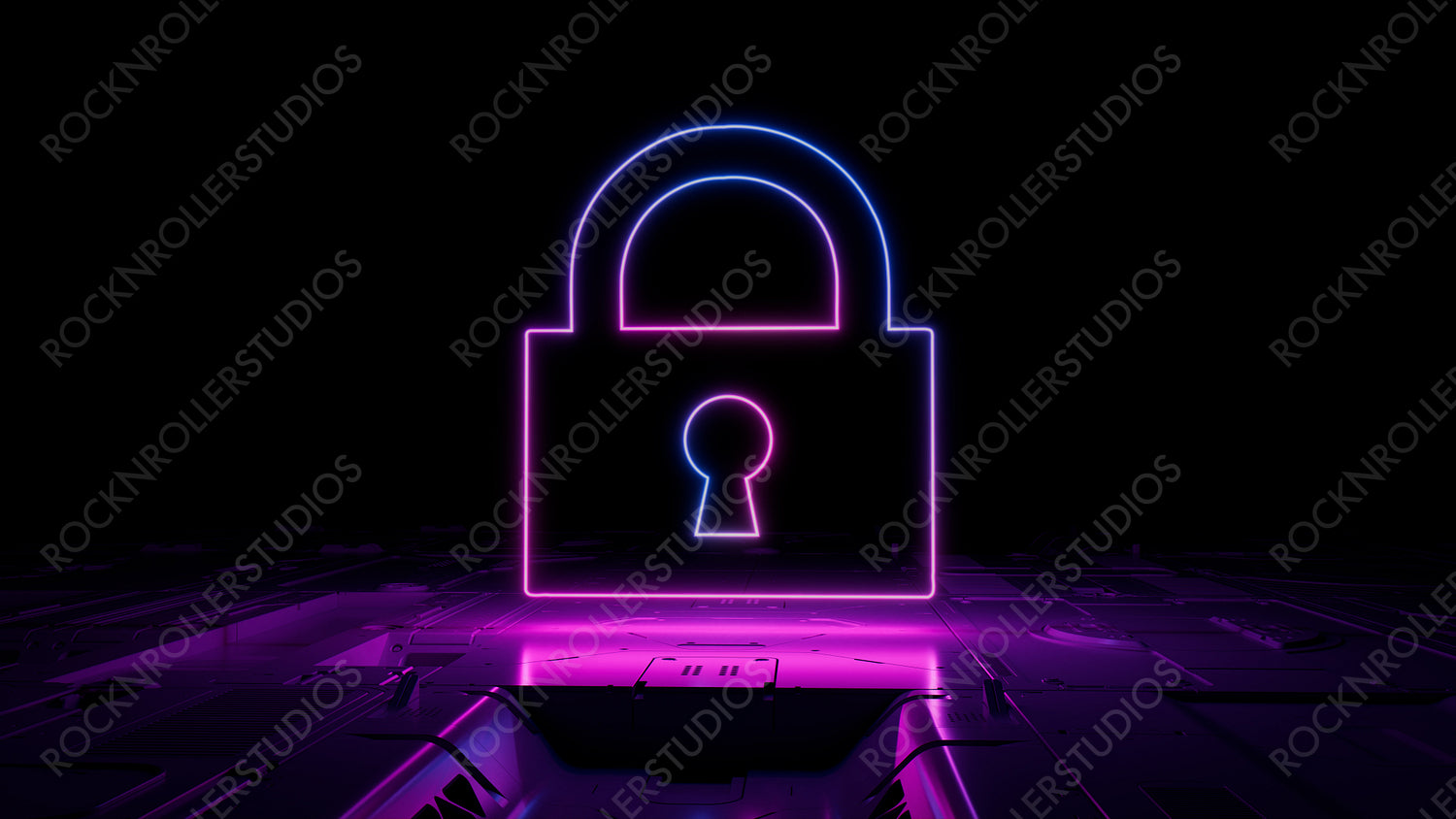 Pink and Blue Security Technology Concept with lock symbol as a neon light. Vibrant colored icon, on a black background with high tech floor. 3D Render