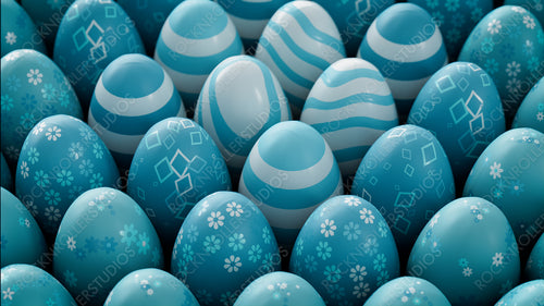 Multicolored, Easter Egg background. Beautiful Teal, and White Eggs with Striped, Floral and Diamond patterns. 3D Render