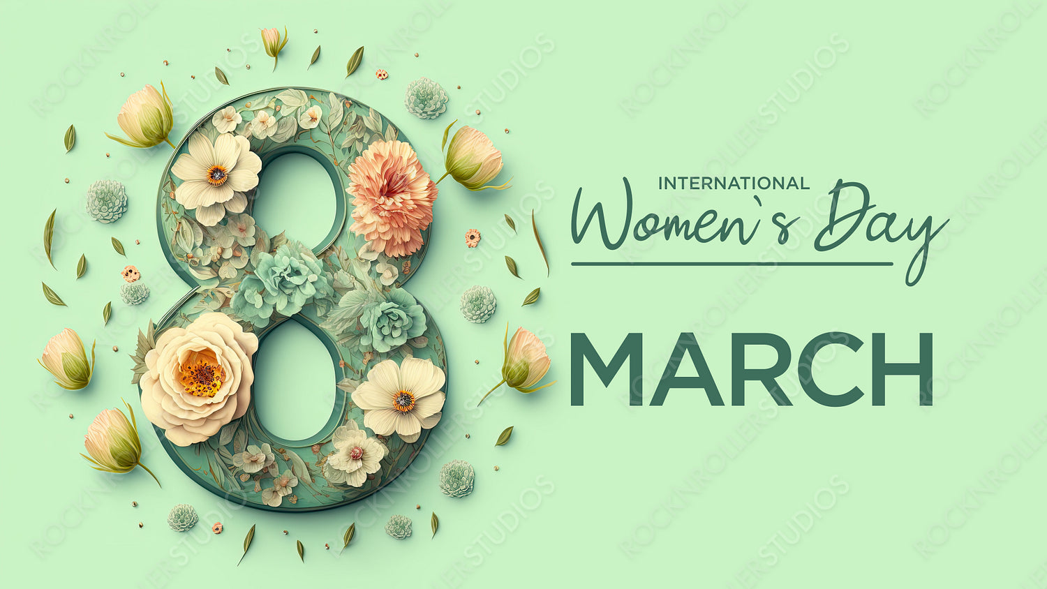 Elegant Botanical Background to Celebrate International Woman's Day. Green Floral Design with Number 8, Flowers and Caption. Generative AI.