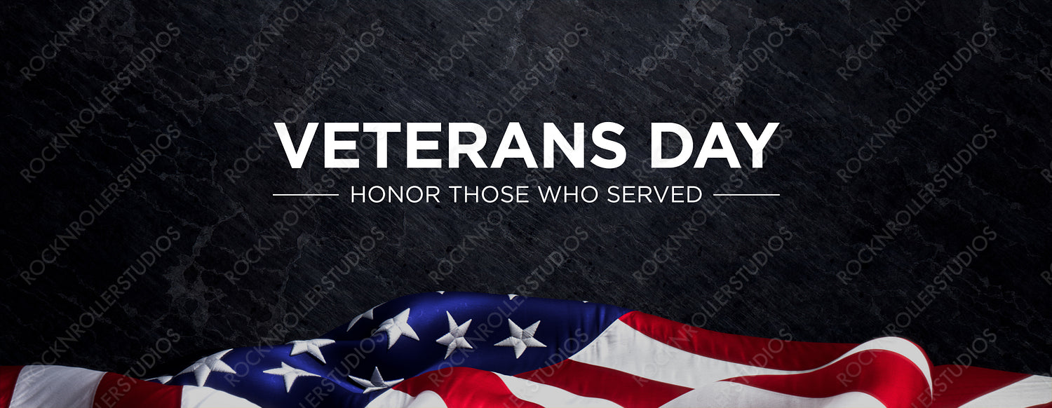 Veterans Day Banner. Premium Holiday Background with American Flag on Black Slate.