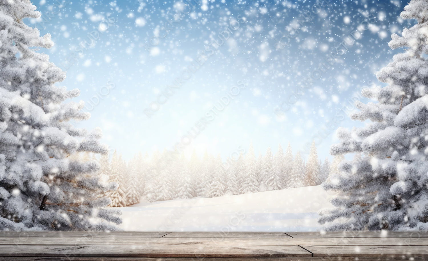 Winter christmas scenic background with copy space and snowfall. Wooden flooring was strewn with snow in forest and the branches of fir-trees covered with snow on nature.