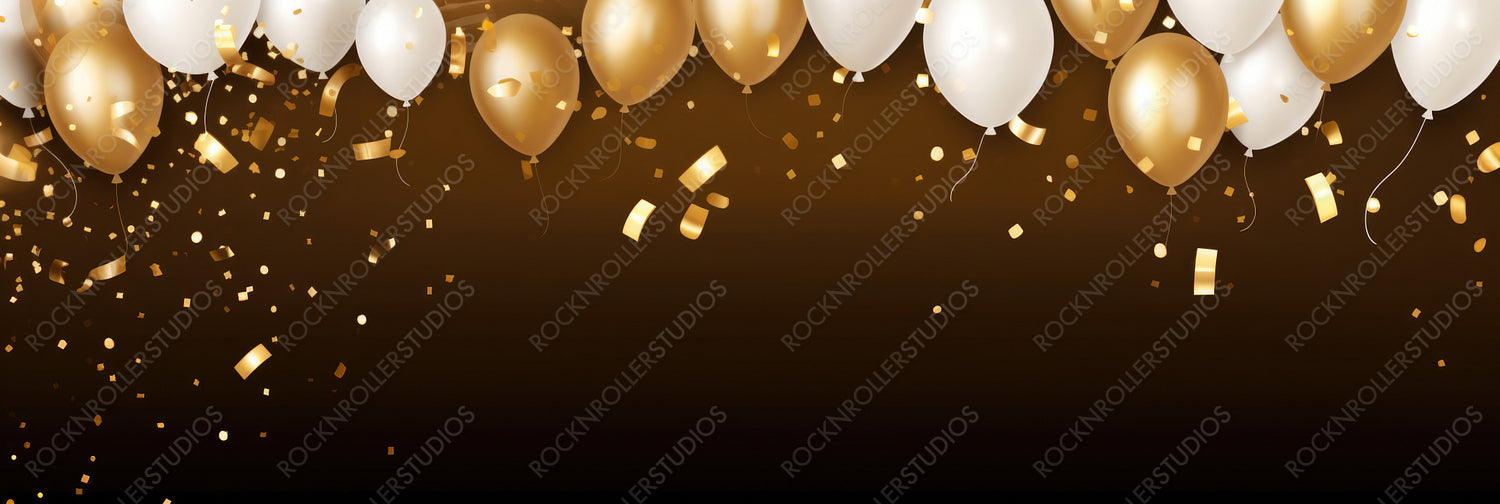 Celebration Banner with Gold Confetti and Balloons