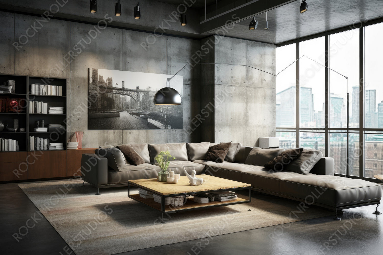 Industrial Living Room. Stylish Interior Design Background. Generative AI.