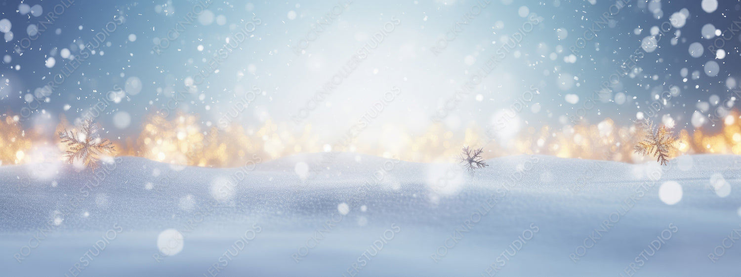 Festive Christmas natural snowy landscape, abstract empty stage, background with snow, snowdrift and defocused Christmas lights. Blue and yellow Golden Christmas lights against blue sky, copy space.