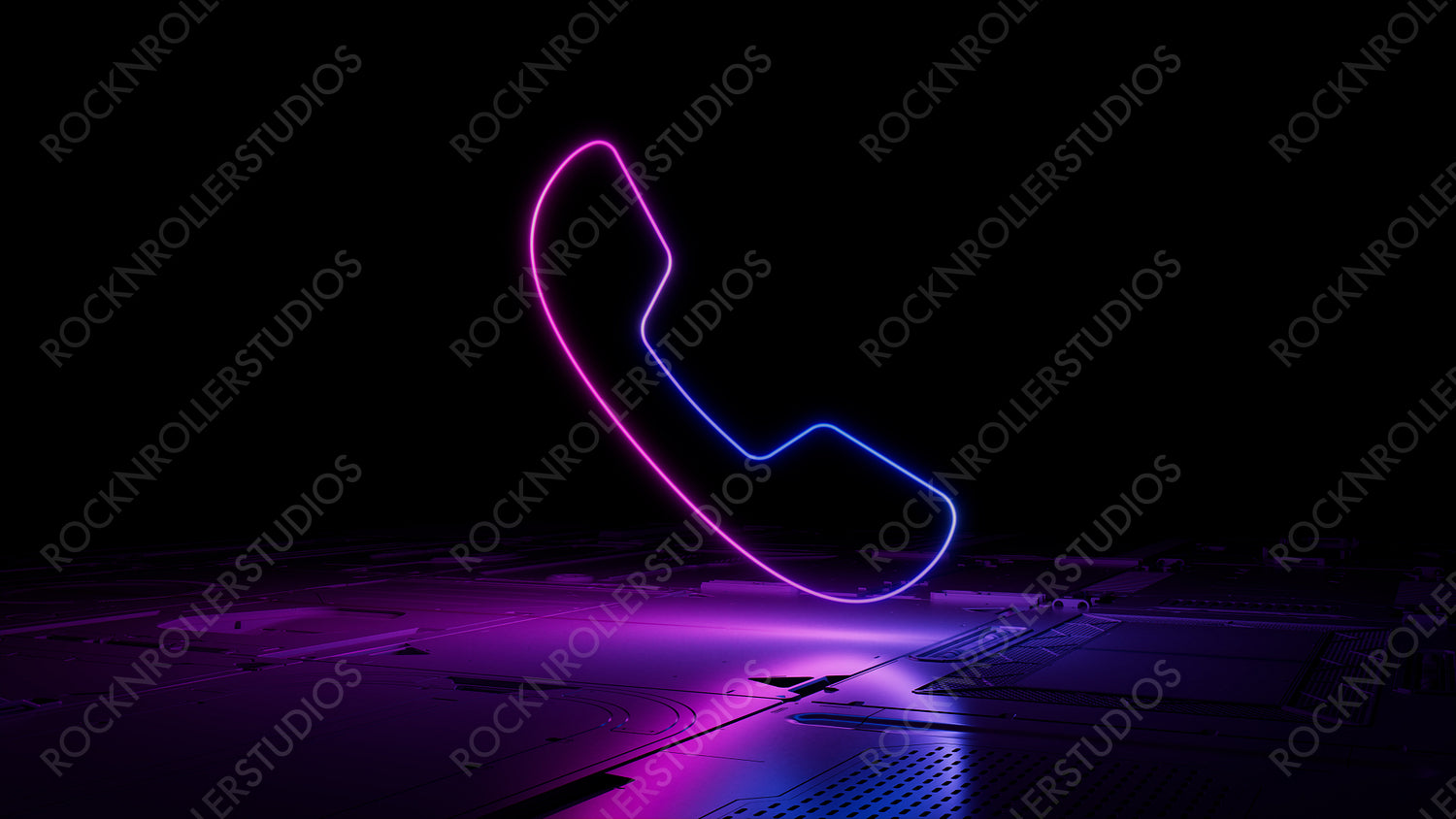 Pink and Blue neon light phone icon. Vibrant colored Communication technology symbol, on a black background with high tech floor. 3D Render
