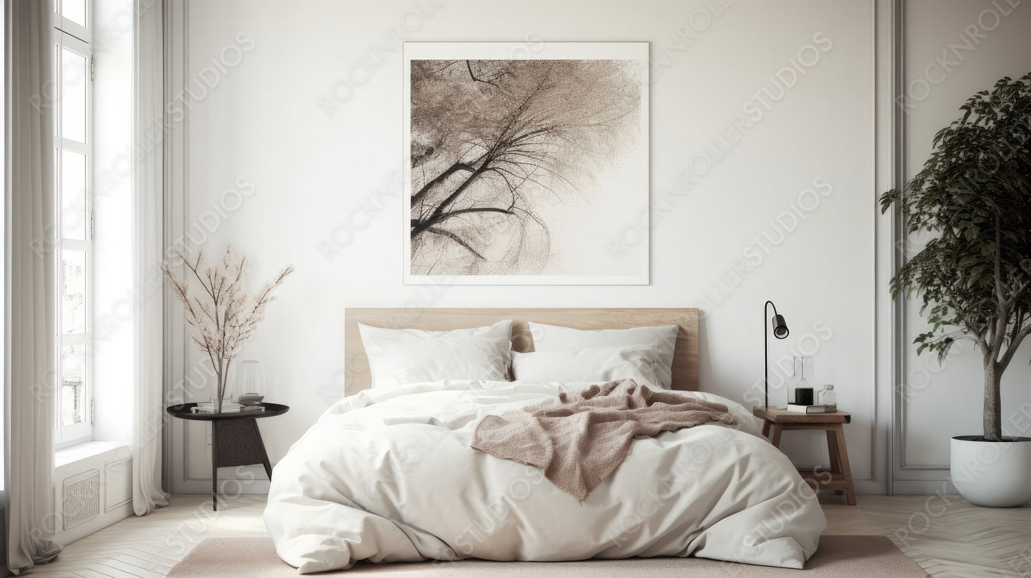 Scandinavian Bedroom Background. Contemporary Interior Design. Generative AI.