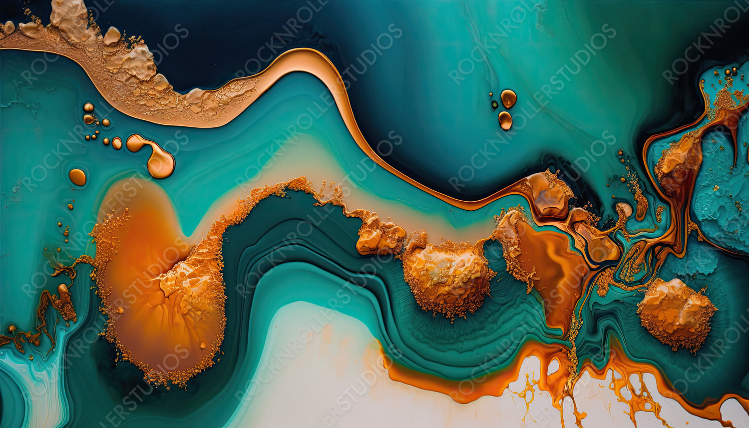 Luxurious Design Wallpaper. Liquid Swirls in Beautiful Teal and Orange colors, with Gold Powder. Generative AI.