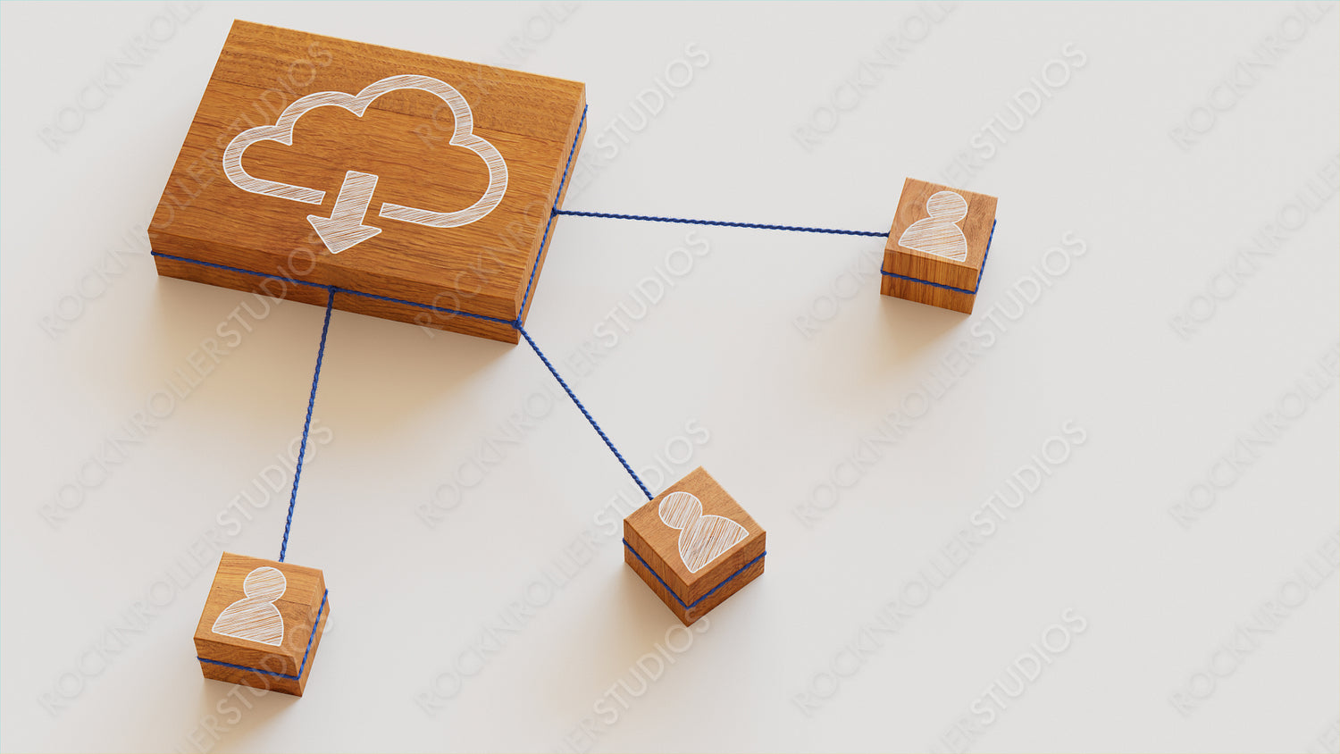 Data storage Technology Concept with cloud download Symbol on a Wooden Block. User Network Connections are Represented with Blue string. White background. 3D Render.