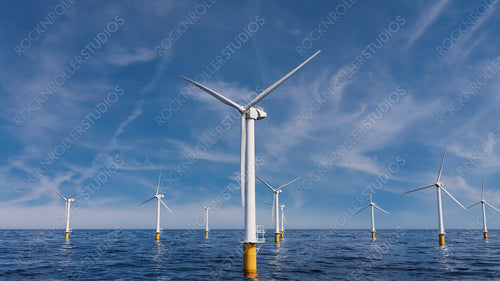Wind Power. Offshore Wind Turbines on a Hazy Morning. Environmental Electricity Concept.